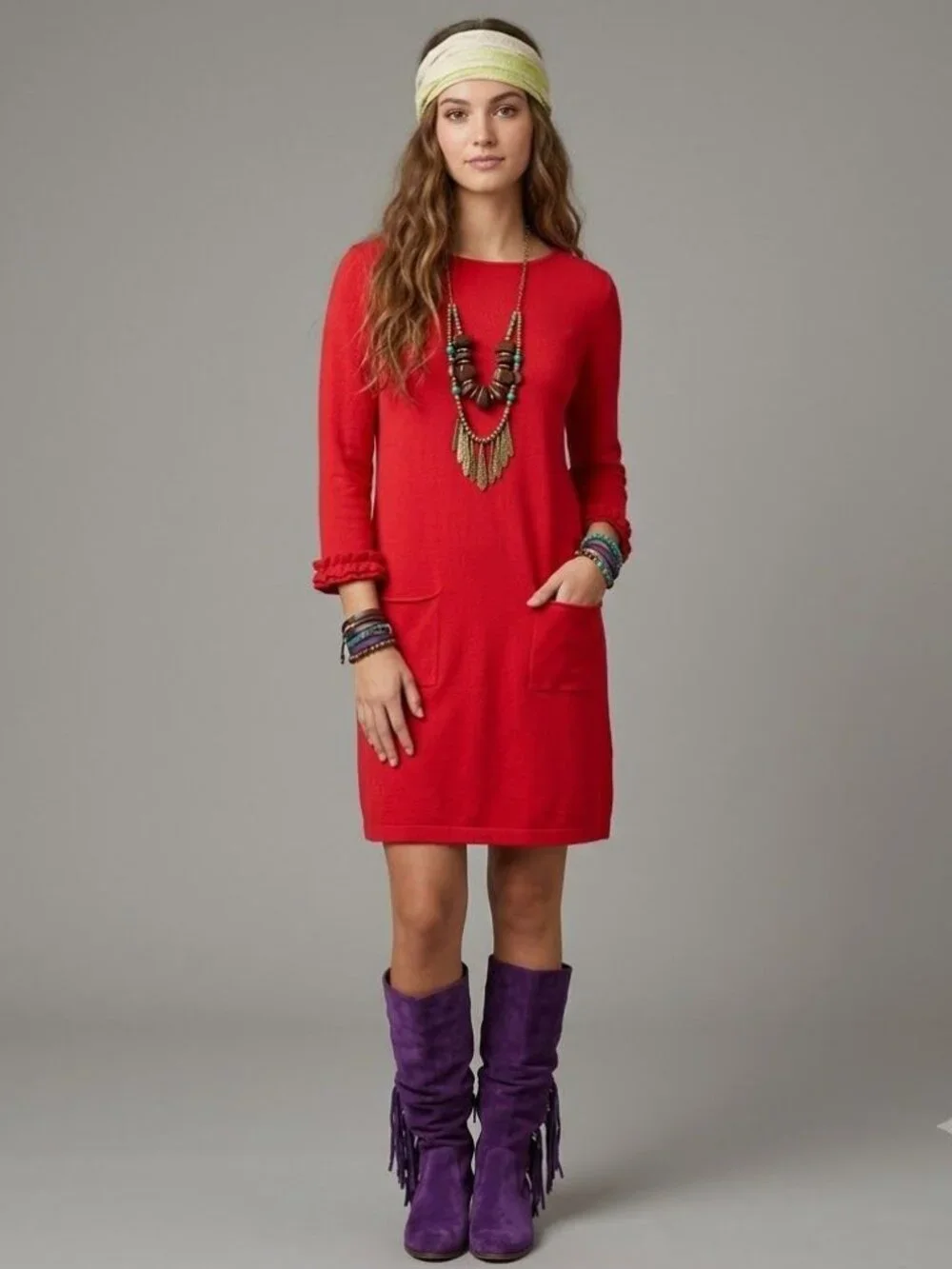 Tabitha Webb Red Shift Dress Womens Size S Long Sleeve Pockets